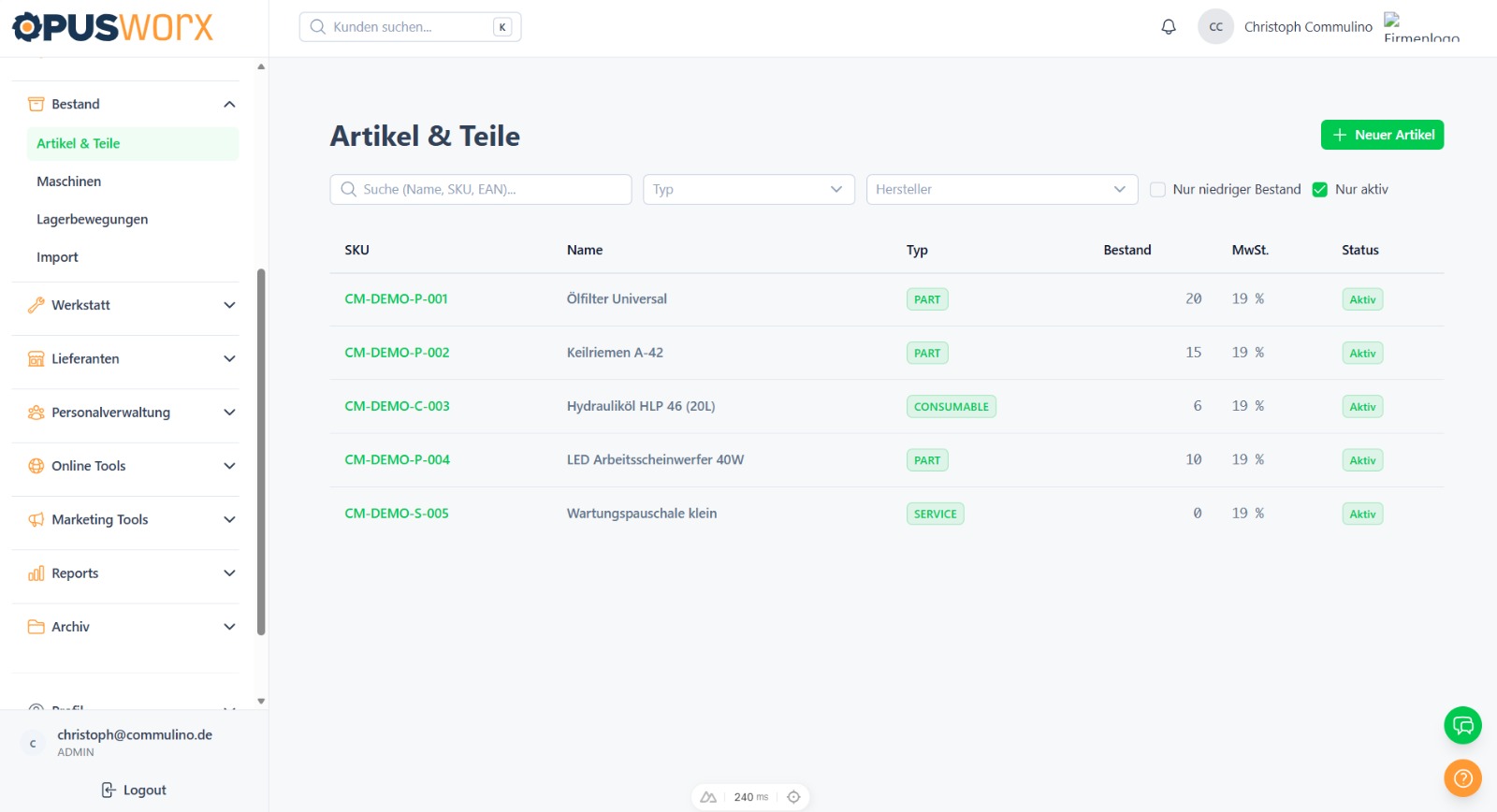 Artikel & Teile – Bestand und Produktdaten