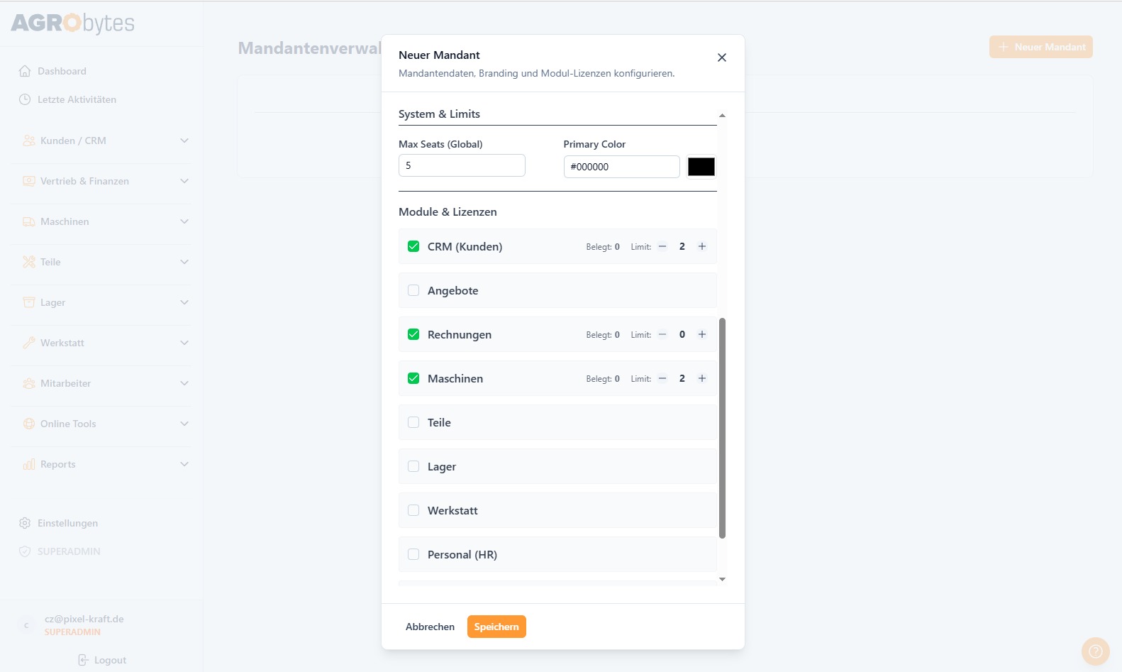 Mandantenverwaltung – Neuer Mandant und Module