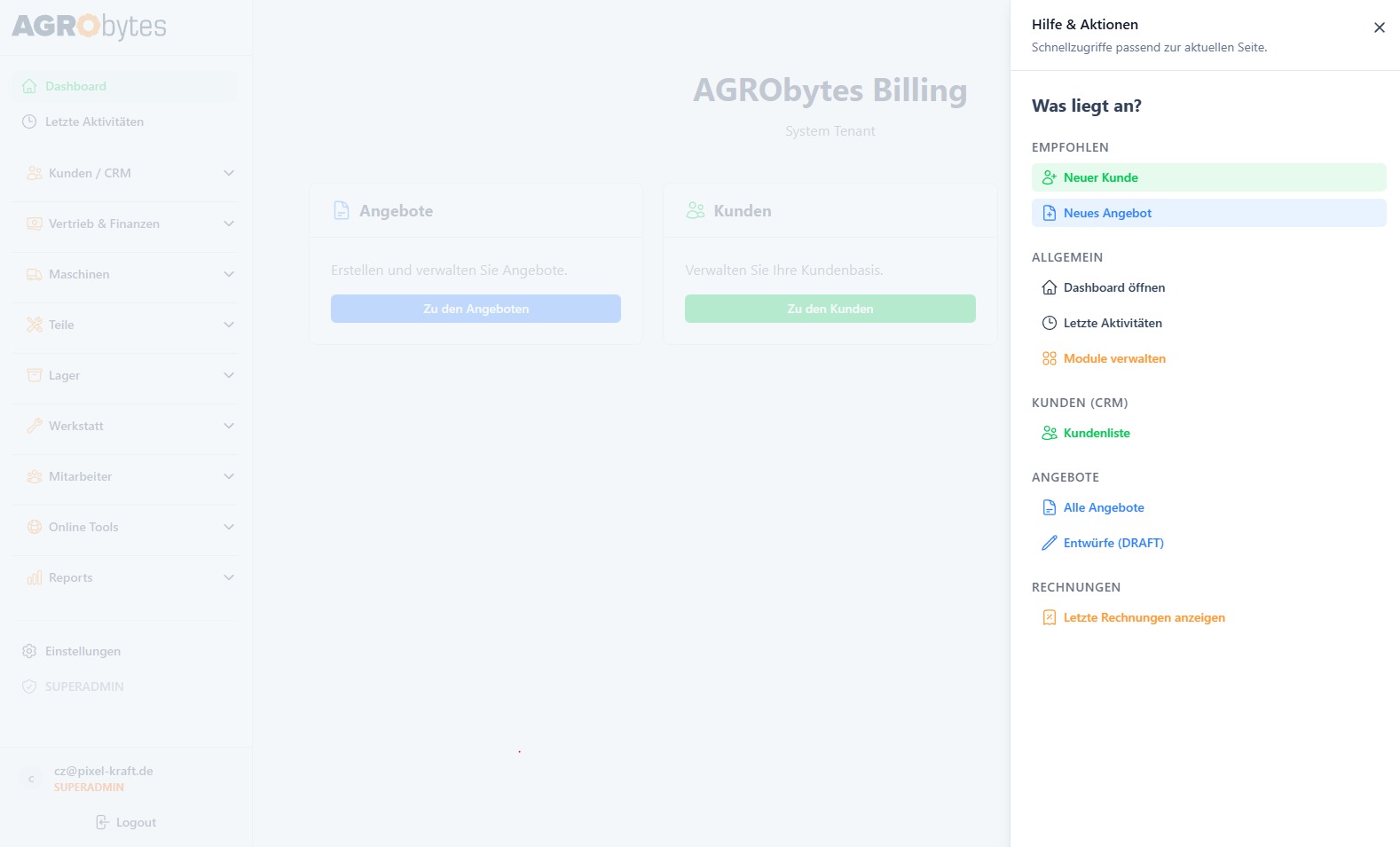 System Tenant – Hilfe & Aktionen